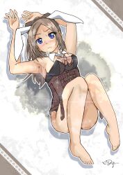 Rule 34 | 1girl, absurdres, adapted costume, animal ears, armpits, arms up, artist name, assault lily, bare arms, bare legs, bare shoulders, barefoot, belt, belt buckle, black leotard, blue eyes, blush, bow, bow-shaped hair, bowtie, breasts, brown belt, brown bow, brown bowtie, brown hair, buckle, closed mouth, commentary request, convenient leg, corset, detached collar, fake animal ears, full body, gradient background, grey background, high ponytail, highres, ichinomiya michaela himari, knees up, leotard, long hair, looking at viewer, ludvico private girls&#039; academy school uniform, lying, medium breasts, multiple belts, naganuki shiki, on back, outline, parted bangs, playboy bunny, ponytail, rabbit ears, school uniform, signature, solo, sparkle, strapless, strapless leotard, underbust, v-shaped eyebrows, white background, white outline
