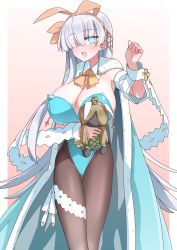 Rule 34 | 1girl, :d, akitokage, anastasia (fate), animal ears, aqua leotard, aqua robe, bad arm, bare shoulders, beige background, blue eyes, blush, border, bow, bowtie, breasts, brown pantyhose, cleavage, commentary request, detached collar, doll, hugging doll, fake animal ears, fate/grand order, fate (series), gradient background, hair over one eye, hand up, highres, holding, holding doll, huge breasts, leotard, long hair, looking at viewer, hugging object, open mouth, orange bow, orange bowtie, outside border, pantyhose, playboy bunny, rabbit ears, royal robe, smile, solo, strapless, strapless leotard, white border