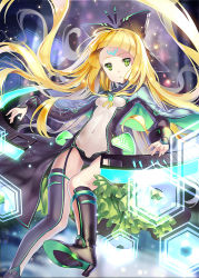 Rule 34 | 1girl, asymmetrical legwear, bad id, bad pixiv id, black footwear, black thighhighs, blonde hair, blunt bangs, bodysuit, boots, bracer, breasts, capelet, covered navel, facial mark, floating, floating hair, forehead mark, frilled skirt, frills, front ponytail, full body, garter straps, glowing, gradient background, green eyes, headgear, hexagon, high heel boots, high heels, hip focus, instrument, keyboard (instrument), knee boots, leaning back, leotard, light particles, long hair, long sleeves, looking at viewer, original, parted lips, piano, ritsuki, showgirl skirt, sidelocks, single thighhigh, skirt, small breasts, solo, thigh gap, thighhighs, turtleneck, uneven legwear, very long hair