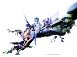 Rule 34 | 4girls, absurdres, antennae, black hair, blue eyes, blue hair, breasts, choco chip, dress, facial mark, fairy, forehead mark, highres, insect wings, long hair, low twintails, mecha, multiple girls, official art, overgrown, pixy garden, pointy ears, purple hair, red eyes, revealing clothes, robot, scan, short hair, small breasts, twintails, white background, white dress, wings, yellow dress