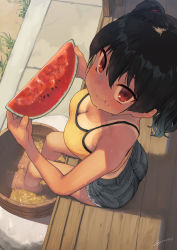 Rule 34 | 1girl, :t, ass, black hair, black shorts, breasts, camisole, cleavage, closed mouth, commentary request, denim, denim shorts, eating, food, from above, fruit, highres, holding, holding food, holding fruit, kaedeko (kaedelic), large breasts, looking at viewer, one-piece tan, oppai loli, original, red eyes, sasaki kanna (kaedeko), short hair, short shorts, shorts, sitting, sliding doors, solo, tan, tanline, twintails, watermelon, wooden floor, yellow camisole