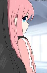 Rule 34 | 1girl, anime coloring, azure star, blue eyes, bocchi the rock!, gotoh hitori, grabbing own breast, guitar case, highres, indoors, instrument case, jacket, looking at viewer, looking back, pink hair, pink track suit, self-upload, solo, tagme, track jacket, track suit