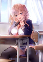 Rule 34 | 1girl, :d, absurdres, between breasts, black jacket, black thighhighs, blue eyes, blue skirt, breasts, brown hair, bursting breasts, cameltoe, chair, classroom, collared shirt, crotch, curtains, desk, hair between eyes, highres, index finger raised, jacket, kino (kino konomi), large breasts, looking at viewer, necktie, necktie between breasts, non-web source, open mouth, original, panties, plaid, plaid skirt, pleated skirt, pointing, red necktie, school chair, school desk, school uniform, shirt, sitting, skirt, smile, solo, spread legs, teeth, thighhighs, thighs, underwear, upper teeth only, white panties, white shirt, window