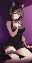 Rule 34 | 1girl, absurdres, animal ear fluff, animal ears, arm support, bare legs, bell, black dress, black hair, blush, breasts, cat ears, cat girl, cat tail, chilia012, cleavage, collarbone, commentary, dress, extra ears, fingernails, floral print, hair ribbon, highres, idolmaster, idolmaster cinderella girls, kemonomimi mode, looking at viewer, medium breasts, nail polish, neck bell, ribbon, short hair, simple background, sitting, sleeveless, sleeveless dress, solo, symbol-only commentary, tail, takafuji kako, tongue, tongue out