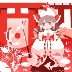 Rule 34 | animal, animal on head, ascot, bird, bird on head, blush stickers, bow, brown eyes, brown hair, bug, butterfly, chicken, commentary request, detached sleeves, fish, flower, gohei, hair bow, hair tubes, hakurei reimu, highres, ini (inunabe00), insect, koi, lily pad, limited palette, lotus, medium hair, mountain, no lineart, no nose, on head, partially submerged, pink ascot, red bow, red theme, ribbon-trimmed sleeves, ribbon trim, solo, touhou, upper body, water, wide sleeves
