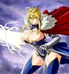 Rule 34 | 1girl, ahoge, armor, artist name, artoria pendragon (all), artoria pendragon (fate), artoria pendragon (lancer) (fate), blonde hair, breasts, bursting breasts, cape, center opening, cleavage, cleavage cutout, cloak, clothing cutout, cloud, crown, devil-v, fate/grand order, fate (series), fur trim, green eyes, highres, huge breasts, lance, legs, looking to the side, polearm, saber (fate), sidelocks, sky, solo, thighs, weapon