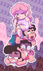 Rule 34 | 4boys, @ @, absurdres, black hair, cartoon network, coyomoyon, crossdressing, drooling, drawing on another&#039;s face, highres, leash, male focus, multiple boys, multiple persona, outline, pompadour, saliva, short hair, sitting, sitting on person, steven quartz universe, steven universe, wink