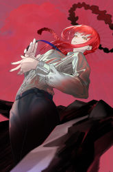 Rule 34 | 1girl, absurdres, bending, bending backward, braid, buttoned cuffs, buttons, chainsaw man, highres, long hair, long sleeves, looking at viewer, makima (chainsaw man), nail polish, necktie, parted lips, red hair, shirt, single braid, white shirt, yellow eyes, zinz