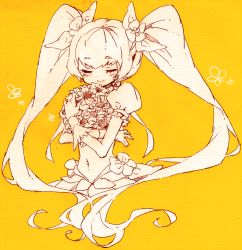 Rule 34 | 10s, 1girl, cure sunshine, closed eyes, flower, heartcatch precure!, hug, long hair, midriff, monochrome, myoudouin itsuki, navel, precure, smile, solo, twintails, very long hair, yellow background, yuucho (cololal)