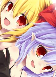 Rule 34 | 2girls, :d, akisome hatsuka, alternate costume, bare shoulders, blonde hair, bow, flandre scarlet, hair between eyes, hair bow, light purple hair, looking at viewer, multiple girls, open mouth, pointy ears, red eyes, remilia scarlet, short hair, siblings, side ponytail, sisters, smile, strap, touhou