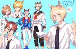 Rule 34 | 1girl, 5boys, adapted costume, adapted uniform, ahoge, animal ears, ankle socks, belt, black necktie, black sailor collar, blonde hair, blue background, blue eyes, blue hairband, blue jacket, blue shirt, braid, brown hair, buttons, chuunibyou, closed eyes, coat, collarbone, commentary request, crown braid, double-breasted, ear covers, ear ornament, ear piercing, eyepatch, fangs, genderswap, gold city (umamusume), gradient eyes, grey eyes, hair between eyes, hair ornament, hairband, headband, highres, holding, holding paper, horse boy, horse ears, horse girl, horse tail, horseshoe ornament, jacket, lightning bolt print, long sleeves, motion lines, multicolored eyes, multiple boys, narita top road (umamusume), narration, neckerchief, necktie, notice lines, oguri cap (umamusume), pants, paper, piercing, purple eyes, recursive genderswap, red hairband, red headband, red neckerchief, red socks, sailor collar, school uniform, shirt, shoes, short hair, simple background, sketch, socks, speech bubble, star ornament, striped clothes, striped hairband, summer uniform, tail, tamamo cross (umamusume), tamayume, tanino gimlet (umamusume), tracen school uniform, translation request, two-tone hairband, umamusume, v-shaped eyebrows, waving, white belt, white coat, white hair, white hairband, white pants, white sailor collar, yellow eyes, yellow hairband, yukino bijin (umamusume)