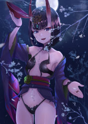 Rule 34 | 1girl, absurdres, alcohol, bare shoulders, bob cut, breasts, collarbone, cup, eyeliner, fangs, fate/grand order, fate (series), full moon, headpiece, highres, horns, japanese clothes, kimono, long sleeves, looking at viewer, makeup, moon, navel, night, night sky, obi, off shoulder, oni, open mouth, pouring, purple eyes, purple hair, purple kimono, revealing clothes, sakazuki, sake, sash, short hair, shuten douji (fate), skin-covered horns, sky, small breasts, smile, solo, thighs, tyasuzu, wide sleeves