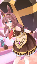 Rule 34 | 1girl, absurdres, ahoge, animal ears, apron, arm garter, ascot, blue eyes, box, breasts, brooch, brown dress, brown hair, chocolate, closed mouth, conveyor belt, dress, feet, hairband, heart-shaped box, highres, horse ears, horse girl, horse tail, jewelry, karajio, leaning forward, long hair, looking at viewer, mihono bourbon (code:glassage) (umamusume), mihono bourbon (umamusume), red ascot, sleeveless, sleeveless dress, small breasts, smile, solo, standing, tail, umamusume, waist apron, wrist cuffs