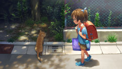Rule 34 | 1girl, animal, backpack, bag, blue bow, bow, brown eyes, brown hair, cat, chain-link fence, child, dappled sunlight, day, female focus, fence, hair bow, hirose yuki, original, outdoors, plant, ponytail, profile, randoseru, shadow, shoes, shorts, smile, sunlight, thermos, tree, vines, walking