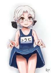 Rule 34 | 1girl, akashieru, blue one-piece swimsuit, blue skirt, blush, brown eyes, cowboy shot, glasses, grey hair, highres, hirato (kancolle), kantai collection, lifting own clothes, looking at viewer, name tag, old school swimsuit, one-piece swimsuit, open mouth, pleated skirt, school swimsuit, short hair, signature, skirt, smile, solo, swimsuit, swimsuit under clothes, wavy hair, white background