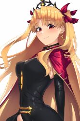 Rule 34 | 1girl, black dress, blonde hair, blush, bouhatei (t-back), breasts, cape, detached collar, dress, earrings, ereshkigal (fate), fate/grand order, fate (series), gold trim, hair ribbon, highres, hood, hooded cape, hoop earrings, jewelry, long hair, looking at viewer, medium breasts, parted bangs, red eyes, ribbon, short dress, single sleeve, smile, solo, spine, tiara, two side up