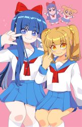Rule 34 | 2girls, :3, blue eyes, blue hair, blue sailor collar, blue skirt, blunt bangs, bow, eyes visible through hair, fang, hair bow, highres, light brown hair, long hair, long sleeves, looking at viewer, middle finger, multiple girls, pink background, pipimi, pleated skirt, poptepipic, popuko, queen ashi, red bow, red neckwear, sailor collar, shirt, skirt, smile, sparkle, twintails, very long hair, white legwear, white shirt, yellow eyes