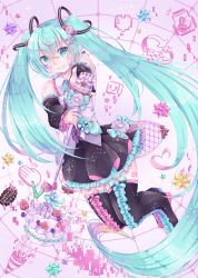 Rule 34 | 1girl, blue hair, boots, clenched teeth, floating hair, hamkuti, hatsune miku, highres, holding, holding microphone stand, long hair, looking at viewer, microphone stand, skindentation, solo, teeth, thigh boots, thighhighs, twintails, vocaloid