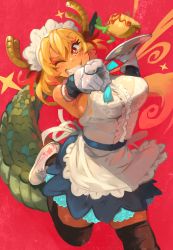 Rule 34 | 1girl, alternate hairstyle, apron, black legwear, blonde hair, blue skirt, bra, bra visible through clothes, breasts, dragon girl, dragon horns, dragon tail, dress, food, gloves, heart, highres, horns, khyle., kobayashi-san chi no maidragon, large breasts, leg up, long hair, looking at viewer, maid, maid apron, maid headdress, official alternate costume, official alternate hairstyle, omelet, omurice, one eye closed, plate, red background, ribbon, scales, see-through, see-through dress, sharp teeth, shoes, skirt, smile, solo, star (symbol), tail, teeth, tohru (maidragon), underwear, white bra, white footwear, white gloves