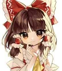 Rule 34 | 1girl, ascot, bare shoulders, blunt bangs, bow, brown eyes, brown hair, detached sleeves, frilled bow, frilled hair tubes, frilled shirt collar, frills, glint, hair bow, hair tubes, hakurei reimu, hand up, highres, long hair, sidelighting, simple background, smile, solo, springarashi02, touhou, translucent, white background, yellow ascot