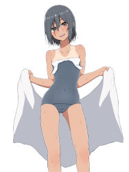 Rule 34 | 1girl, bad id, bad pixiv id, black hair, brown eyes, clothes pull, commentary, covered navel, looking at viewer, navel, one-piece swimsuit pull, original, salpin, school swimsuit, short hair, solo, strap slip, swimsuit, tan, tanline, towel, wet, wet hair, white background