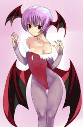 Rule 34 | 1girl, arched back, bare shoulders, bat wings, black wings, bob cut, breasts, bridal gauntlets, calpi, cleavage, cleavage cutout, closed mouth, clothing cutout, collarbone, commentary request, covered navel, demon girl, demon wings, derivative work, feather trim, feet out of frame, gluteal fold, hands up, head wings, highleg, highleg leotard, highres, leotard, light smile, lilith aensland, looking at viewer, pantyhose, purple background, purple hair, purple pantyhose, red eyes, red leotard, short hair, simple background, skinny, small breasts, solo, split mouth, standing, strapless, strapless leotard, thigh gap, vampire (game), very short hair, wide hips, wings