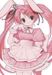 Rule 34 | 1girl, animal ears, apron, breasts, closed mouth, cowboy shot, di gi charat, dress, gloves, hair ornament, hair ribbon, hairpin, hand up, highres, long hair, looking at viewer, pepeppepe101, pink dress, pink hair, puffy short sleeves, puffy sleeves, rabbit ears, red eyes, ribbon, short sleeves, small breasts, smile, solo, standing, twintails, usada hikaru, waist apron, white apron, white gloves