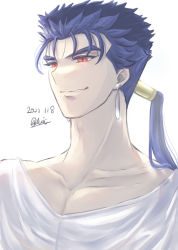 Rule 34 | 1boy, adam&#039;s apple, blue hair, collarbone, cu chulainn (fate), cu chulainn (fate/stay night), dated, earrings, fate/stay night, fate (series), grin, hair strand, highres, jewelry, long hair, looking away, male focus, ponytail, princess666, red eyes, shirt, signature, simple background, smile, thick eyebrows, upper body, white background, white shirt