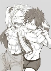 Rule 34 | 2boys, abs, blush, bulge, erection, erection under clothes, fairy tail, from behind, gray fullbuster, groping, male focus, monochrome, multiple boys, muscular, natsu dragneel, open clothes, pectorals, pectorals, scarf, topless male, torakichi (ebitendon), underwear, vest, yaoi
