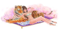 Rule 34 | 1girl, absurdres, arabian clothes, barefoot, breasts, brown hair, carpet, cleavage, highres, jewelry, long hair, medium breasts, midriff, navel, navel piercing, necklace, oil lamp, original, peiyu zhou, piercing, ponytail, smile, solo, tiger, very long hair, yellow eyes