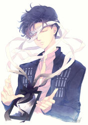 Rule 34 | 1990s (style), 1boy, bad id, bad pixiv id, bishoujo senshi sailor moon, bishoujo senshi sailor moon r, black hair, closed eyes, highres, jacket, male focus, photo (object), ribbon, saki (hxaxcxk), saphir (sailor moon), signature, solo, upper body