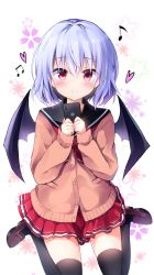 Rule 34 | 1girl, alternate costume, bat wings, beamed eighth notes, black sailor collar, black thighhighs, blue hair, blush, brown cardigan, brown footwear, brown jacket, buttons, cardigan, cellphone, closed mouth, commentary request, contemporary, eighth note, hair between eyes, hair intakes, hands up, heart, highres, holding, holding phone, hyurasan, iphone, iphone x, jacket, loafers, long sleeves, looking at viewer, miniskirt, musical note, neckerchief, no headwear, phone, pink eyes, pleated skirt, pocket, quarter note, red neckerchief, red skirt, remilia scarlet, sailor collar, school uniform, shoes, short hair, sitting, skirt, sleeves past wrists, smartphone, smile, solo, star (symbol), tareme, thighhighs, thighs, touhou, wariza, white background, wings, zettai ryouiki