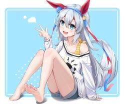 Rule 34 | 1girl, absurdres, animal ears, arm support, armpit crease, bare legs, barefoot, blue background, blue eyes, blue ribbon, blush, border, bra, breasts, collarbone, commentary request, ear covers, eyelashes, fang, feet, grey hair, grey tail, hair ribbon, hairband, head tilt, highres, horse ears, horse girl, horse tail, knees together feet apart, knees up, legs, long hair, long sleeves, looking at viewer, medium breasts, off shoulder, open mouth, radoremo, red ribbon, ribbon, shiny skin, short shorts, shorts, sidelocks, simple background, soles, solo, striped ribbon, tail, tamamo cross (umamusume), thighs, toenails, toes, umamusume, underwear, w, white border, yellow bra