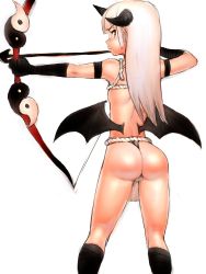 Rule 34 | 1girl, ass, back, bat wings, blunt bangs, blush, bow, bow (weapon), demon girl, from behind, fumio (rsqkr), fundoshi, horns, japanese clothes, kneepits, loincloth, long hair, looking back, low wings, original, panties, red eyes, rope, shiny skin, sketch, solo, thong, underwear, weapon, wedgie, white hair, wings