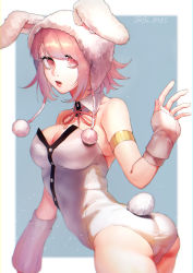 Rule 34 | 1girl, absurdres, animal ears, animal hood, artist name, ass, bare shoulders, baru (bar 0405), black leotard, border, breasts, cleavage, collarbone, commentary request, cowboy shot, danganronpa (series), danganronpa 2: goodbye despair, detached collar, fake animal ears, fake tail, flipped hair, hand up, highres, hood, large breasts, leaning forward, leotard, looking at viewer, mole, mole on breast, nanami chiaki, neck ribbon, official alternate costume, open mouth, pink eyes, pink hair, pink ribbon, playboy bunny, rabbit ears, rabbit hood, rabbit tail, ribbon, short hair, skindentation, solo, tail, two-tone leotard, white border, white leotard