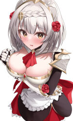 Rule 34 | 1girl, apron, arm under breasts, armor, armored dress, ascot, black dress, blush, bow, braid, braided bangs, breast hold, breasts, brown eyes, chain, cleavage, cleavage cutout, clothing cutout, commentary request, dress, eyelashes, flower, frilled apron, frills, from above, gauntlets, genshin impact, gold chain, gold trim, grey hair, hair flower, hair ornament, hand up, highres, large breasts, long sleeves, looking at viewer, maid, maid apron, maid headdress, multicolored clothes, noelle (genshin impact), onabe no shime, open mouth, raised eyebrows, red ascot, red bow, red dress, red flower, red rose, rose, short hair, shoulder armor, sidelocks, simple background, single braid, solo, waist apron, white apron, white background