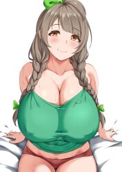 Rule 34 | 1girl, bow, braid, breasts, bush, cleavage, closed mouth, collarbone, commentary, english commentary, green bow, grey hair, hair bow, hair ornament, highres, huge breasts, long hair, looking at viewer, love live!, minami kotori, orange eyes, sitting, smile, solo, sweat, twin braids, yua (argaoffroad)