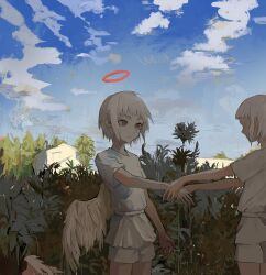 Rule 34 | 2girls, androgynous, angel, angel wings, blue sky, brown eyes, building, cloud, cowboy shot, day, detached wings, expressionless, field, from side, halo, hand grab, highres, multiple girls, no eyes, original, outdoors, outstretched arms, red halo, scenery, shirt, short bangs, short hair, short sleeves, shorts, single wing, skkc 128, sky, smile, standing, torn wings, tree, white hair, white shirt, white shorts, wings