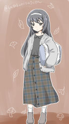 Rule 34 | 10s, 1girl, black hair, black shirt, brown background, brown eyes, brown footwear, brown skirt, cardigan, casual, collared shirt, commentary, full body, girls und panzer, grey sweater, hairband, half-closed eyes, holding, holding pillow, katakori sugita, leaf, light frown, long hair, long sleeves, looking at viewer, musical note, one-hour drawing challenge, open cardigan, open clothes, pillow, plaid, plaid skirt, reizei mako, shirt, shoes, simple background, skirt, sleeping, socks, solo, standing, sweater, twitter username, white background, white hairband, white socks