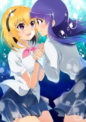 Rule 34 | 2girls, :d, absurdres, air bubble, black hairband, blonde hair, blue skirt, blunt bangs, blush, breasts, bubble, buttons, closed mouth, collared shirt, commentary request, dress shirt, eye contact, fang, feet out of frame, fingernails, floating hair, furude rika, hair between eyes, hairband, highres, higurashi no naku koro ni, holding hands, houjou satoko, interlocked fingers, long hair, long sleeves, looking at another, mashimaro tabetai, medium hair, multiple girls, nail polish, neck ribbon, open mouth, pink nails, pink ribbon, pleated skirt, purple eyes, purple hair, ribbon, school uniform, shirt, shirt tucked in, short sleeves, skin fang, skirt, smile, st. lucia academy school uniform, underwater, untucked shirt, white shirt, yuri