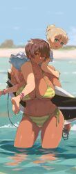 Rule 34 | 2girls, beach, bikini, carrying, carrying over shoulder, carrying person, height difference, highres, kei (m k), m k, multiple girls, original, rika (m k), swimsuit, tall, tall female, tomboy, yuri