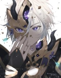 Rule 34 | 1boy, armor, bad id, bad pixiv id, bishounen, broken, broken mask, commentary request, fate/grand order, fate (series), fingerless gloves, gem, gloves, hair between eyes, horned mask, looking at viewer, male focus, mask, parted lips, portrait, prince of lan ling (fate), purple eyes, reichiou, revision, shatter, short hair, silver hair, simple background, solo, white background