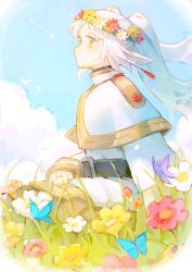 Rule 34 | 1girl, belt, blue butterfly, blue sky, bug, butterfly, capelet, closed mouth, cloud, commentary, day, dress, earrings, elf, floating hair, flower, frieren, grass, green eyes, highres, insect, jewelry, long hair, long sleeves, malfuncio, on ground, outdoors, pink flower, pointy ears, profile, purple butterfly, red flower, ring, sitting, sky, solo, sousou no frieren, twintails, wedding ring, white capelet, white dress, white flower, white hair, yellow flower