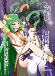 Rule 34 | 1futa, 1girl, arms behind head, arms up, breasts, clothed sex, clothes, collar, colored skin, dark green hair, futa with female, futanari, gag, gagged, grabbing, green hair, grey skin, heart, highres, japanese text, jarkwaratu, jewelry, kid icarus, leg grab, long hair, medium breasts, medusa (kid icarus), monster girl, multiple girls, nintendo, nipples, open clothes, palutena, partially undressed, sex, snake, snake hair, standing, standing sex, variant set