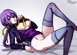 Rule 34 | 1girl, alternate costume, artist name, ass, bed, bed sheet, beret, braid, breasts, cleavage, cropped jacket, dated, eltnum, fingerless gloves, gloves, hair ribbon, hat, long hair, long sleeves, looking at viewer, lying, medium breasts, melty blood, mina cream, miniskirt, necktie, nipples, open clothes, open shirt, purple eyes, purple hair, red eyes, ribbon, signature, single braid, sion eltnam atlasia, skirt, smile, solo, sweater, thighhighs, tsukihime, under night in-birth, v-neck, very long hair, white thighhighs, yellow necktie