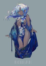 Rule 34 | 1girl, absurdres, ahoge, artist name, bare arms, bare shoulders, blue background, blue hair, breasts, brown eyes, cleavage, commentary, dark-skinned female, dark elf, dark skin, dress, elf, highres, holding, koi han, lips, long hair, looking at viewer, medium breasts, original, parted lips, pelvic curtain, photoshop (medium), pointy ears, revealing clothes, shiny skin, smile, solo, thighs