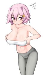 Rule 34 | 1girl, absurdres, bandeau, breasts, brown eyes, cleavage, collarbone, cowboy shot, feet out of frame, grey pants, hair ornament, highres, kantai collection, large breasts, maru (marg0613), midriff, one-hour drawing challenge, pants, pink hair, short hair, simple background, solo, strapless, tama (kancolle), tube top, white background, white bandeau, yoga pants