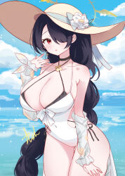 Rule 34 | 1girl, absurdres, ash (cat7evy), bare shoulders, black hair, blue archive, blue sky, blush, breasts, cloud, collarbone, cowboy shot, day, flower, hair over one eye, hat, hat flower, highres, hinata (blue archive), hinata (swimsuit) (blue archive), large breasts, long hair, looking at viewer, official alternate costume, one-piece swimsuit, open mouth, outdoors, red eyes, sky, solo, standing, sun hat, swimsuit, very long hair, white swimsuit