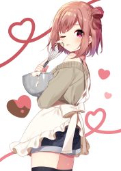 Rule 34 | 1girl, ;p, apron, bad id, bad pixiv id, bare shoulders, black shorts, black thighhighs, blush, bowl, brown hair, brown sweater, commentary request, cowboy shot, cream, frilled apron, frills, from side, hair bun, heart, heart of string, highres, holding, holding bowl, long sleeves, looking at viewer, looking to the side, mafuyu (chibi21), off-shoulder, off-shoulder sweater, off shoulder, official art, one eye closed, original, pink eyes, short hair, shorts, side bun, single hair bun, single side bun, solo, standing, sweater, tareme, thighhighs, tongue, tongue out, whisk, white apron, white background