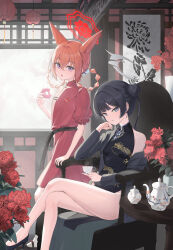 2girls absurdres animal_ears aqua_(eos8012) architecture black_dress black_hair blue_archive breasts china_dress chinese_clothes commentary crossed_legs cup double_bun dragon_print dress east_asian_architecture flower fox_ears fox_girl grey_halo hair_bun halo highres holding holding_saucer kisaki_(blue_archive) long_hair looking_at_viewer multiple_girls orange_hair purple_eyes red_dress red_flower red_halo rumi_(blue_archive) saucer sitting sleeveless sleeveless_dress small_breasts teacup teapot twintails vase